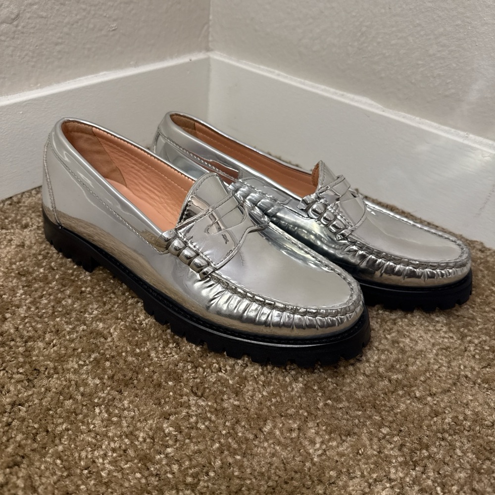 J. Crew Metallic Silver Leather Slip On Loafers Women’s Size 7.5